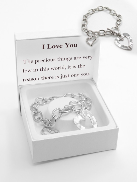 "I Love You" Double Heart Pendant Link Bracelet. W/ Gift Box 